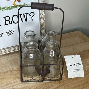 4 bottles with metal Rooster Carrier farmhouse chicken wire basket
